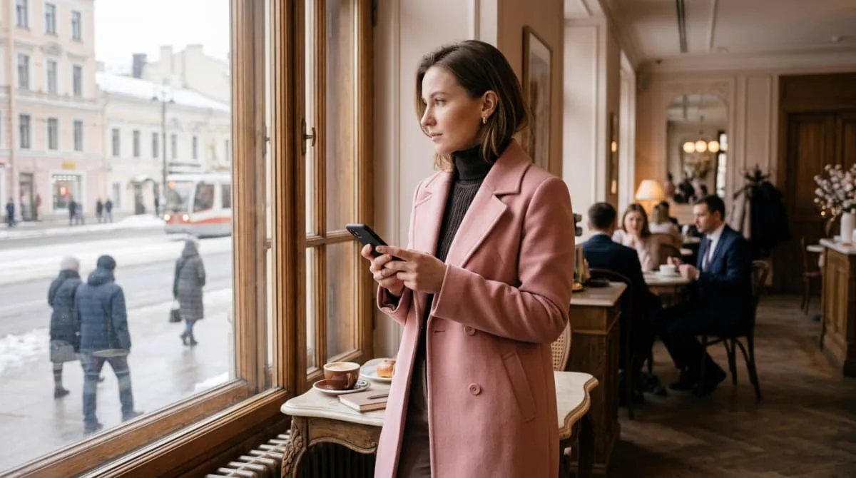 Женщина у окна кафе с телефоном разбирается в юридическом вопросе