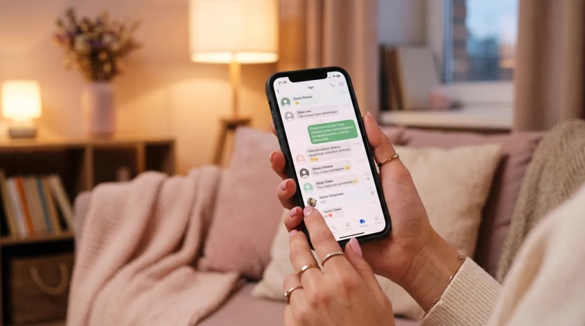 Рука со смартфоном и перепиской в мессенджере, текст нечитаем